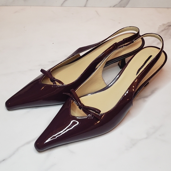 Ann Taylor NWOT Mini Bow Slingback Pointy Toe Kitten Heel Pumps Cranberry - Picture 6 of 6